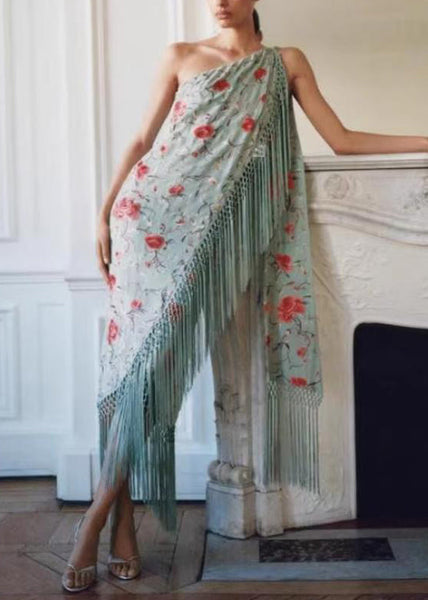 Cotton Vogue Dresses Tasseled Maxi Asymmetrical Print Green FashionChic