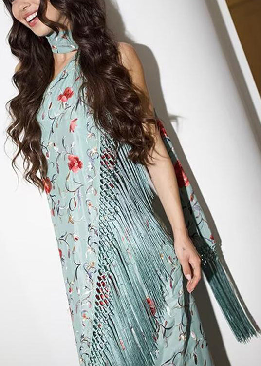 Cotton Vogue Dresses Tasseled Maxi Asymmetrical Print Green FashionChic