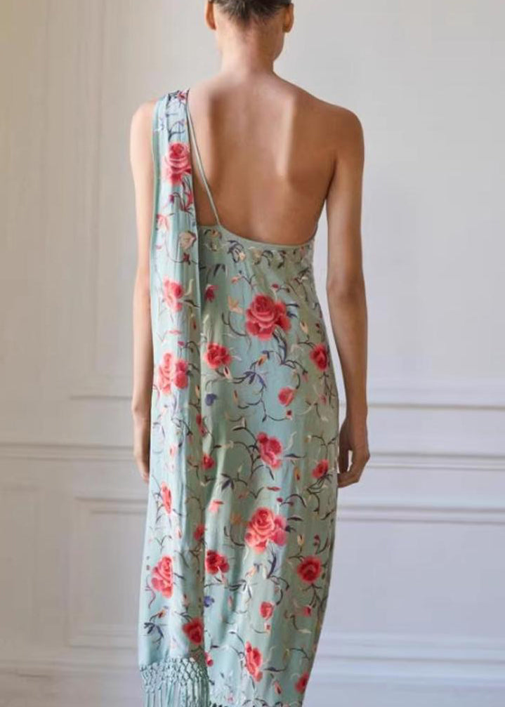 Cotton Vogue Dresses Tasseled Maxi Asymmetrical Print Green FashionChic