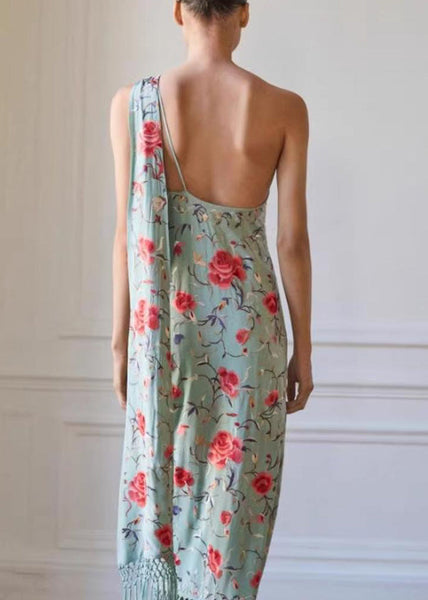 Cotton Vogue Dresses Tasseled Maxi Asymmetrical Print Green FashionChic