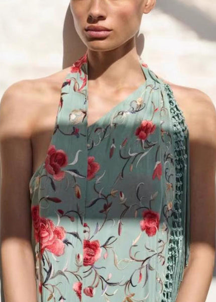 Cotton Vogue Dresses Tasseled Maxi Asymmetrical Print Green FashionChic