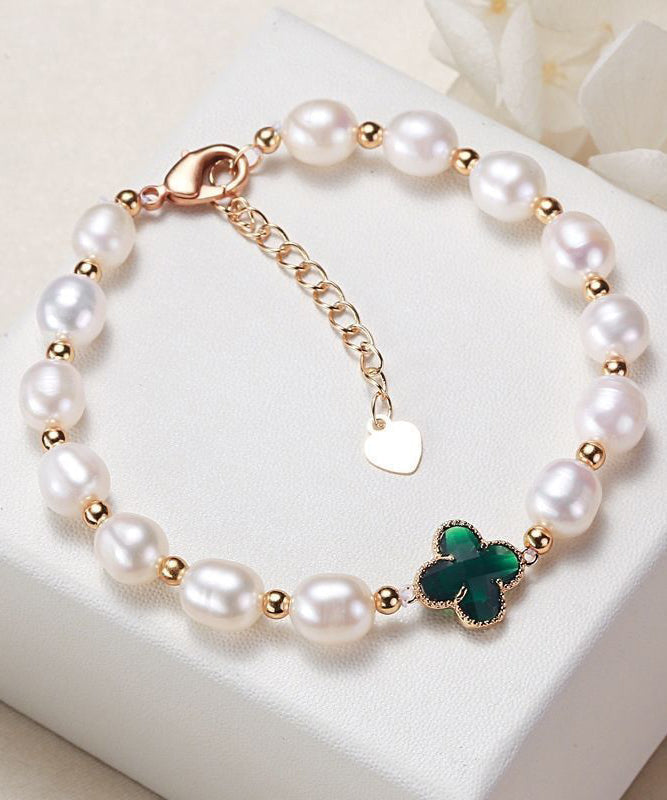 Vogue Green Sterling Silver Overgild Zircon Pearl Four Leaf Clover Charm Bracelet YA052 ABC