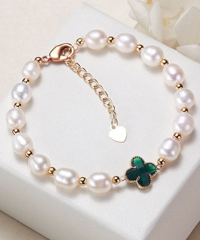 Vogue Green Sterling Silver Overgild Zircon Pearl Four Leaf Clover Charm Bracelet YA052 ABC