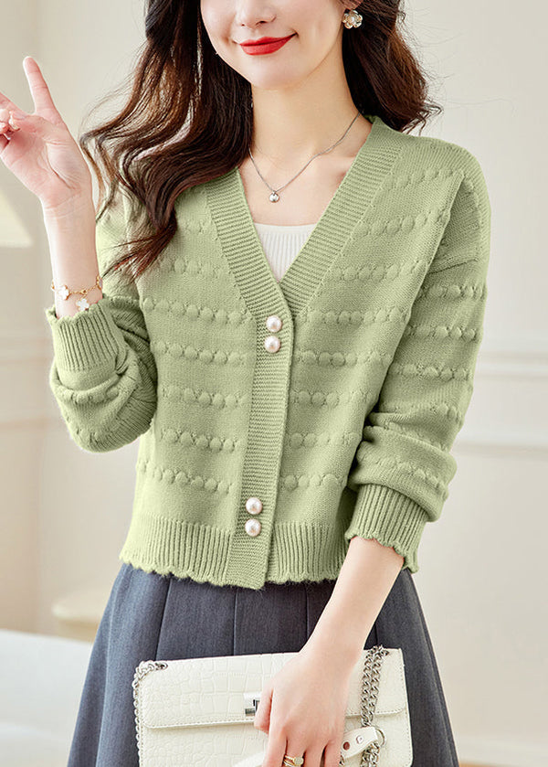 Vogue Green V Neck Button Knit Coat Fall QG012 OM-SW241015