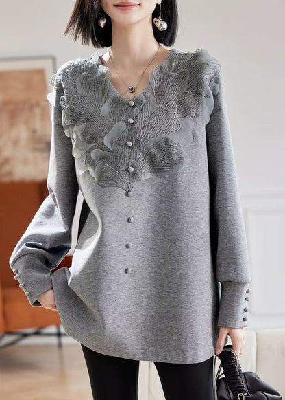 Vogue Grey V Neck Lace Patchwork Sweatshirts Spring TE035 ABC