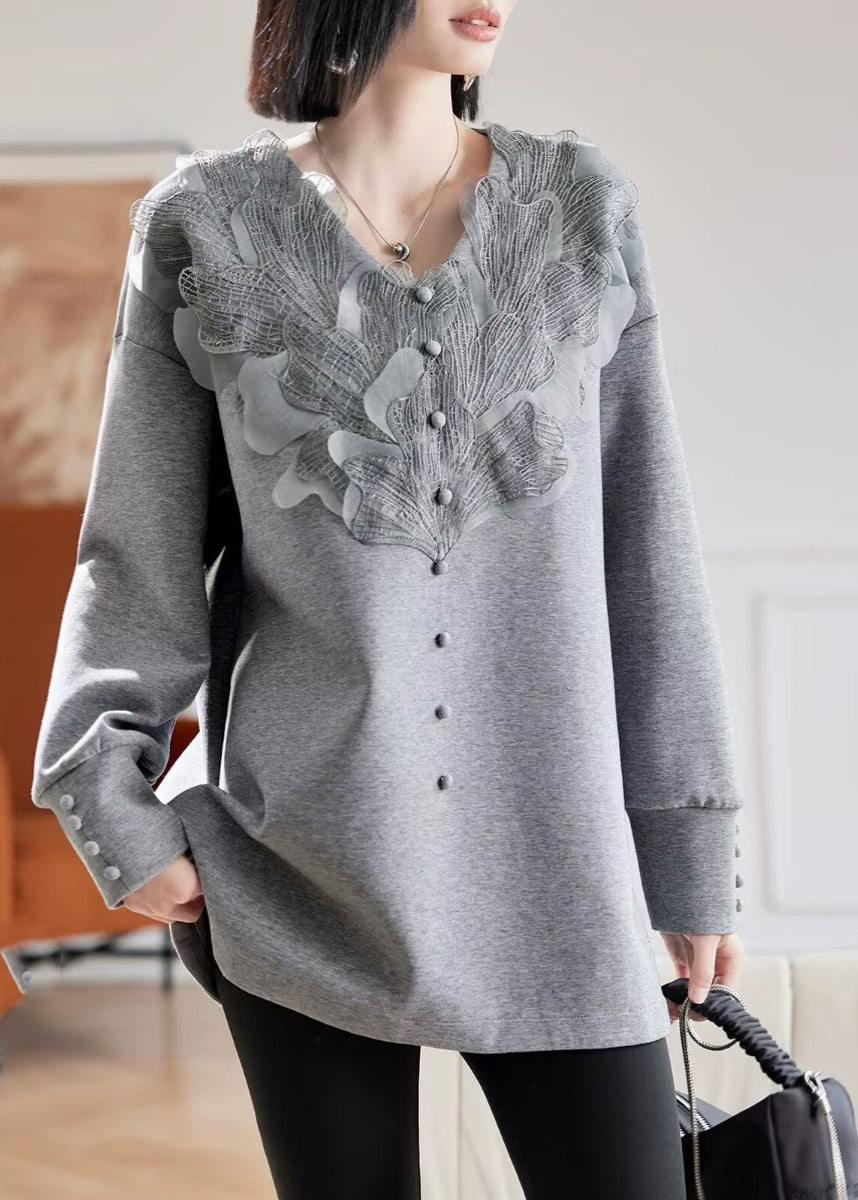 Vogue Grey V Neck Lace Patchwork Sweatshirts Spring TE035 ABC