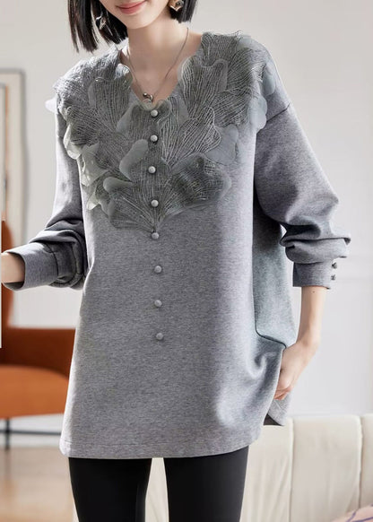 Vogue Grey V Neck Lace Patchwork Sweatshirts Spring TE035 ABC