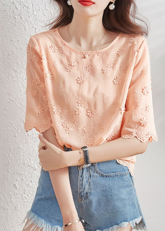 Vogue O-Neck Embroidered Chiffon Shirt Short Sleeve WW012 OL-STP240812