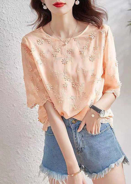 Vogue O-Neck Embroidered Chiffon Shirt Short Sleeve WW012 OL-STP240812