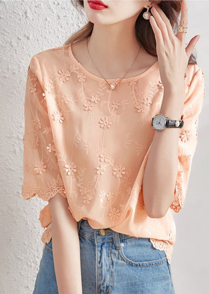 Vogue O-Neck Embroidered Chiffon Shirt Short Sleeve WW012 OL-STP240812