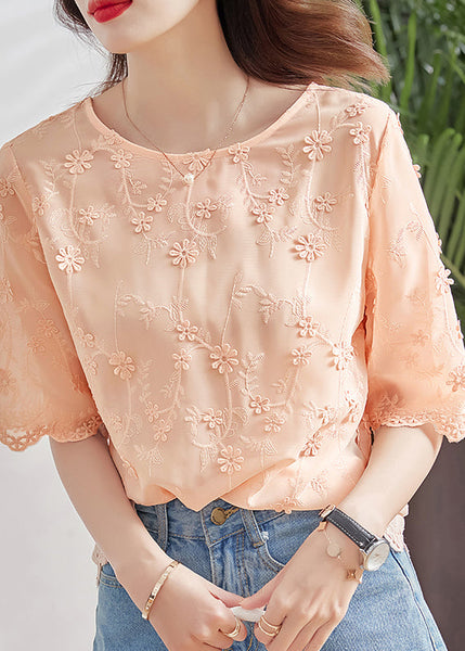 Vogue O-Neck Embroidered Chiffon Shirt Short Sleeve WW012 OL-STP240812