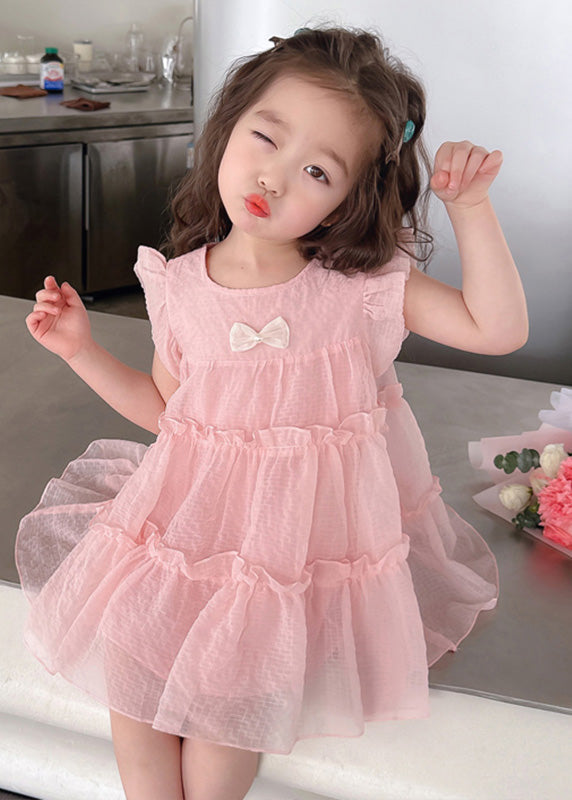 Vogue Pink Ruffled Patchwork Tulle Kids Mid Dress Summer GF007 MM-RCTZ-SDM230724