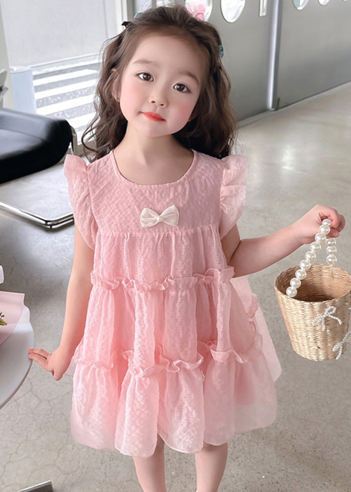 Vogue Pink Ruffled Patchwork Tulle Kids Mid Dress Summer GF007 MM-RCTZ-SDM230724