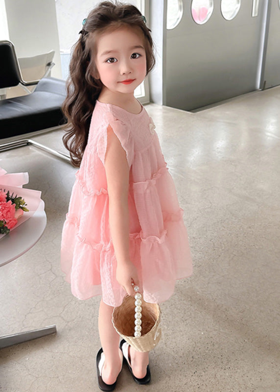 Vogue Pink Ruffled Patchwork Tulle Kids Mid Dress Summer GF007 MM-RCTZ-SDM230724