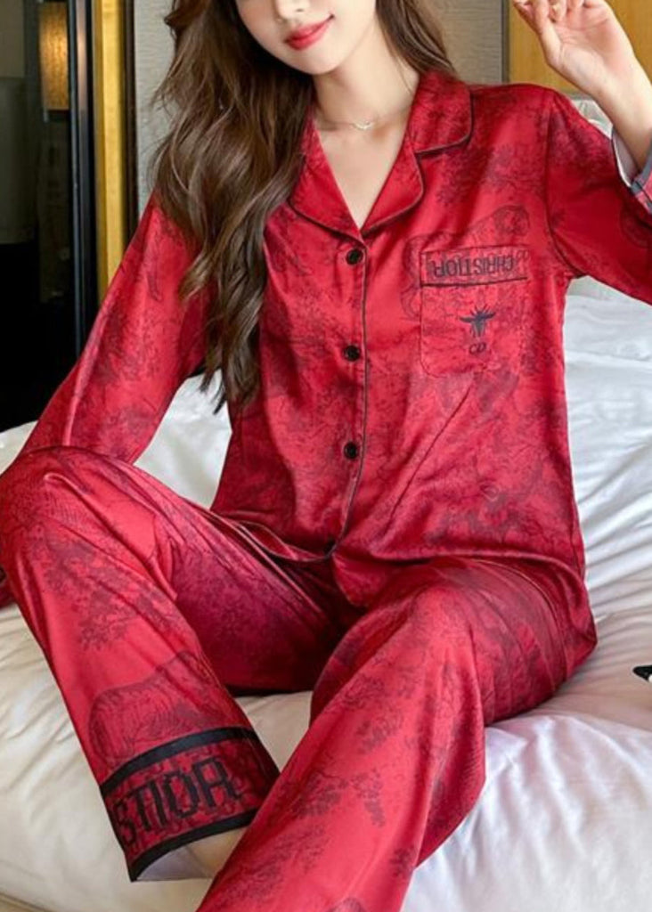 Vogue Red Print Silk Shirts And Wide Leg Pants Two Pieces Set Long Sleeve XS1017 Ada Fashion