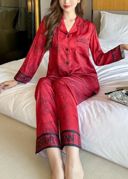 Vogue Red Print Silk Shirts And Wide Leg Pants Two Pieces Set Long Sleeve XS1017 Ada Fashion