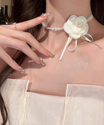 Vogue White Cloth Asymmetrical Pearl Camellia Flower Pendant Necklace YA008 ABC