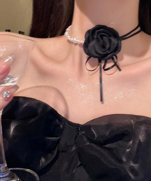 Vogue White Cloth Asymmetrical Pearl Camellia Flower Pendant Necklace YA008 ABC