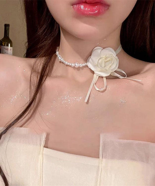 Vogue White Cloth Asymmetrical Pearl Camellia Flower Pendant Necklace YA008 ABC