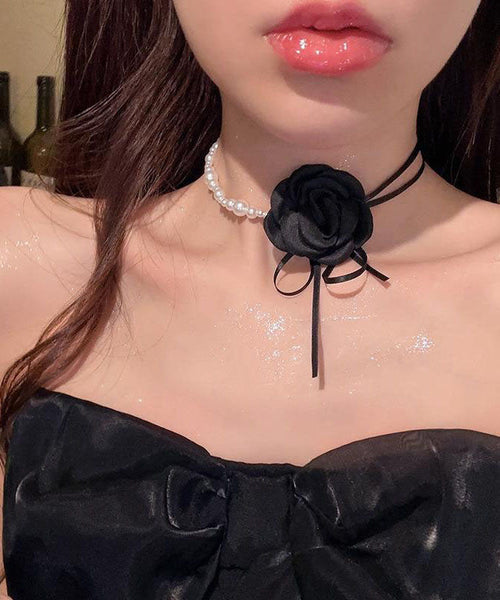 Vogue White Cloth Asymmetrical Pearl Camellia Flower Pendant Necklace YA008 ABC