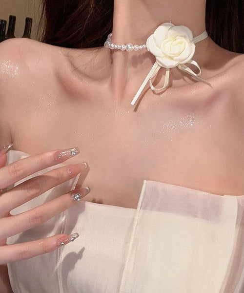 Vogue White Cloth Asymmetrical Pearl Camellia Flower Pendant Necklace YA008 ABC