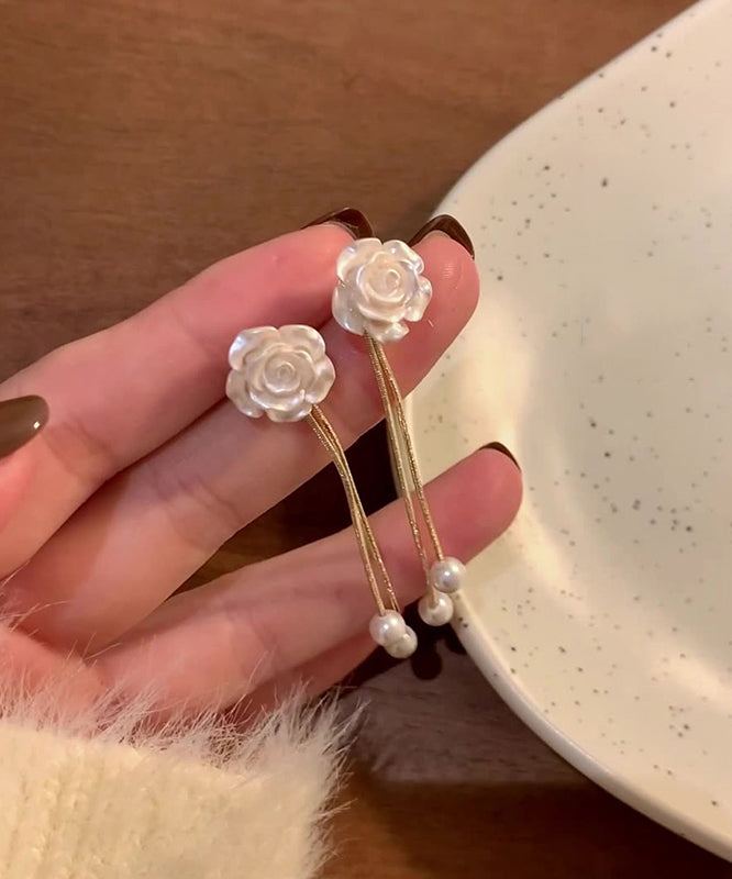 Vogue Flower Earrings White Drop Camellia Pearl Copper Tassel FashionChic