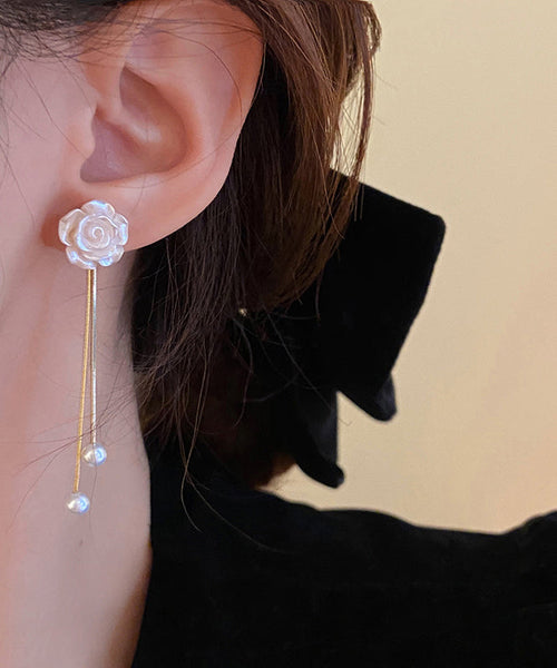Vogue Flower Earrings White Drop Camellia Pearl Copper Tassel FashionChic