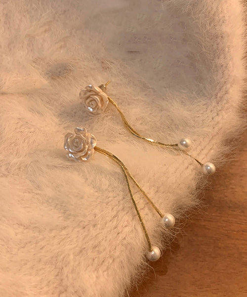 Vogue Flower Earrings White Drop Camellia Pearl Copper Tassel FashionChic