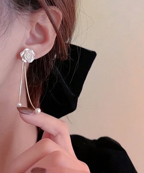 Vogue Flower Earrings White Drop Camellia Pearl Copper Tassel FashionChic