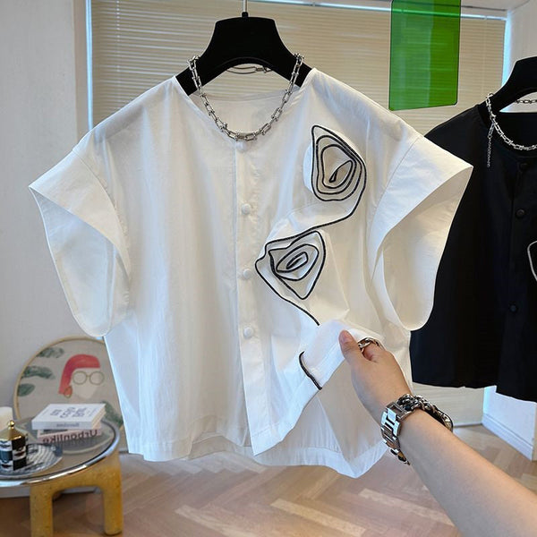 Vogue White O-Neck Rose Floral Button Shirts Batwing Sleeve VB1081 Ada Fashion