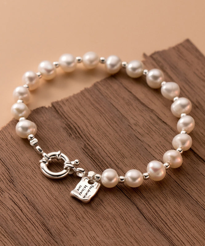 Vogue White Sterling Silver Pearl Beading Graphic Charm Bracelet WF006 JEW-BRA241111