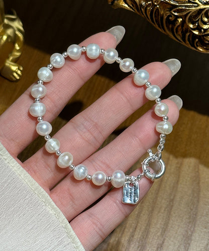 Vogue White Sterling Silver Pearl Beading Graphic Charm Bracelet WF006 JEW-BRA241111