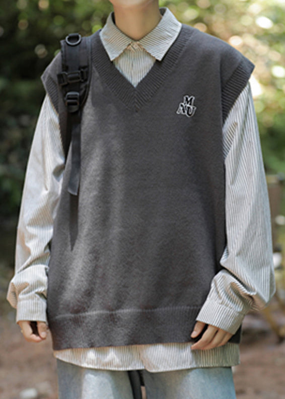 Warm Grey V Neck Solid Knit Men Pullover Waistcoat Sleeveless RJ037 ABC