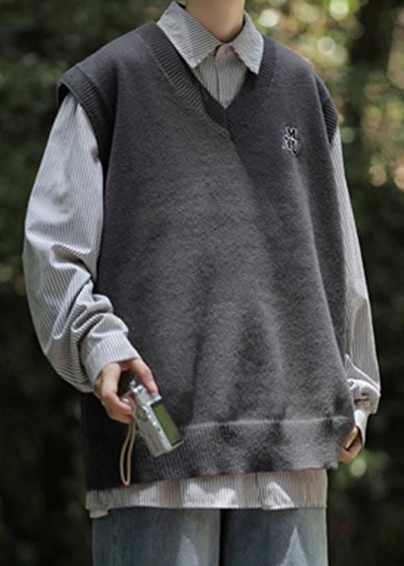 Warm Grey V Neck Solid Knit Men Pullover Waistcoat Sleeveless RJ037 ABC