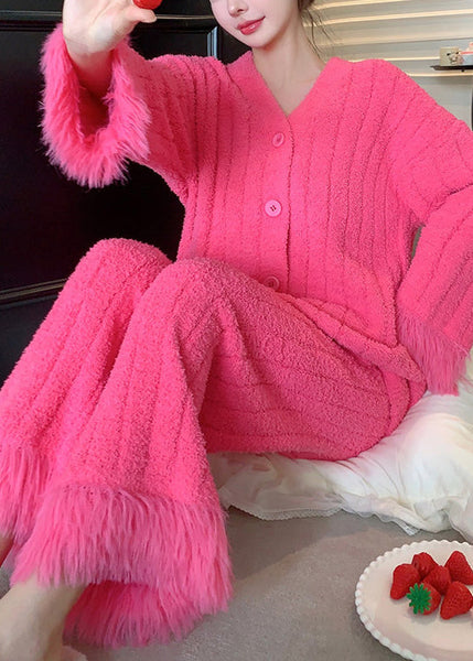 Warm Rose V Neck Button Fluffy Pajamas Two Pieces Set Winter WM026 ABC