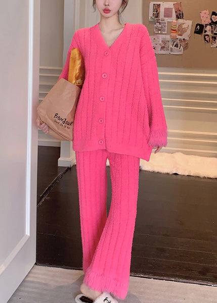 Warm Rose V Neck Button Fluffy Pajamas Two Pieces Set Winter WM026 ABC