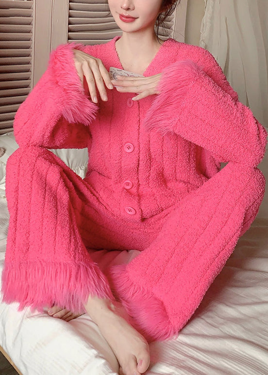 Warm Rose V Neck Button Fluffy Pajamas Two Pieces Set Winter WM026 ABC