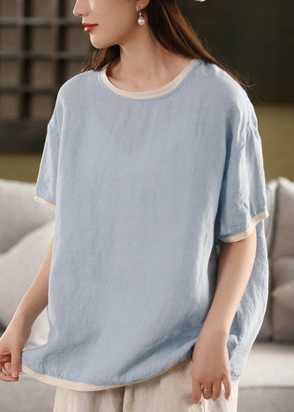 T Patchwork Neck Red O Solid Watermelon Button Linen Shirt Summer FashionChic