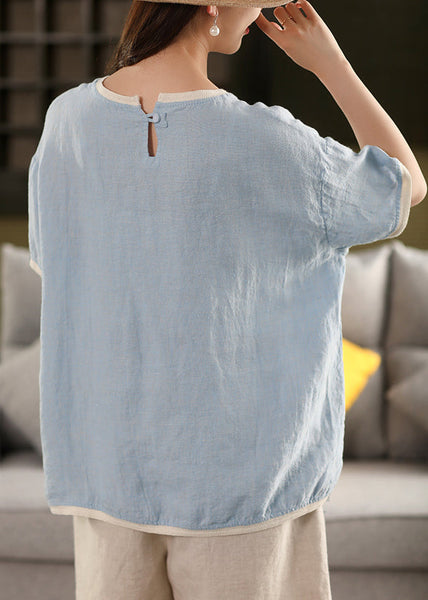 T Patchwork Neck Red O Solid Watermelon Button Linen Shirt Summer FashionChic