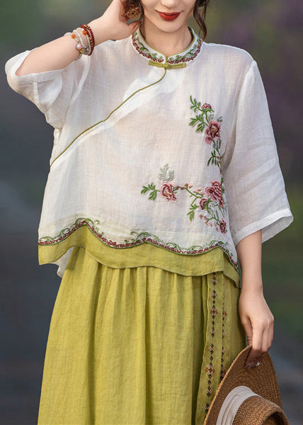 Button White Linen Embroidered Blouses Patchwork Summer FashionChic