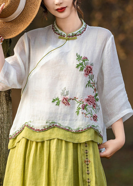 Button White Linen Embroidered Blouses Patchwork Summer FashionChic