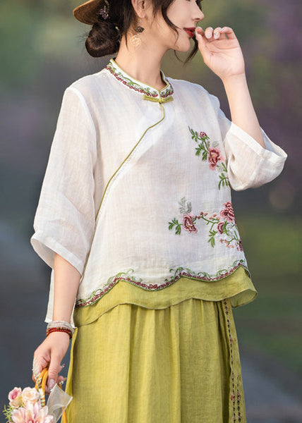 Patchwork Linen Button Summer White Blouses Embroidered FashionChic