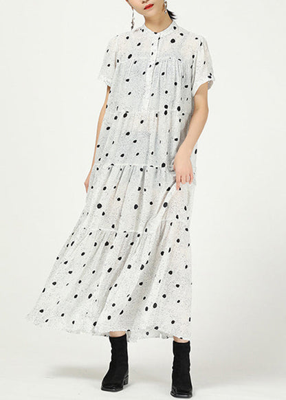 White Button Print Cotton Long Dress Stand Collar Summer AA1008 Ada Fashion