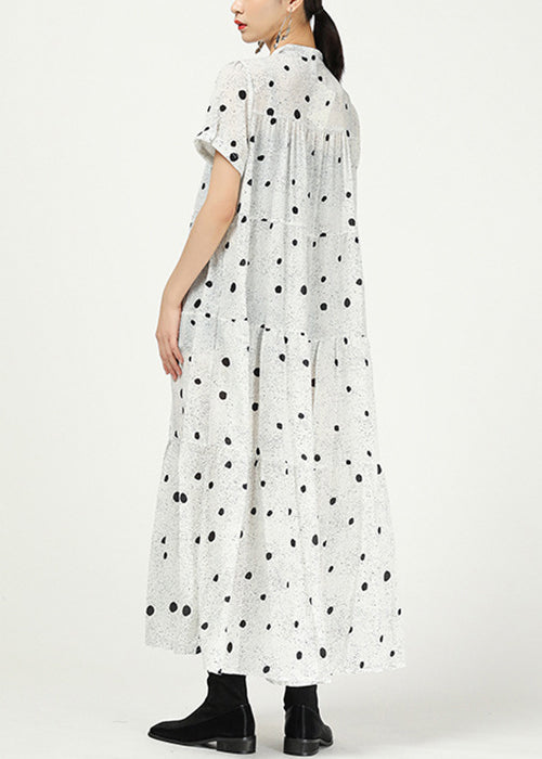 White Button Print Cotton Long Dress Stand Collar Summer AA1008 Ada Fashion