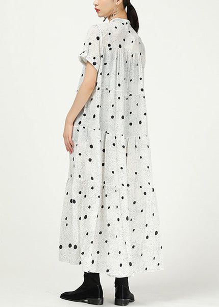 White Button Print Cotton Long Dress Stand Collar Summer AA1008 Ada Fashion