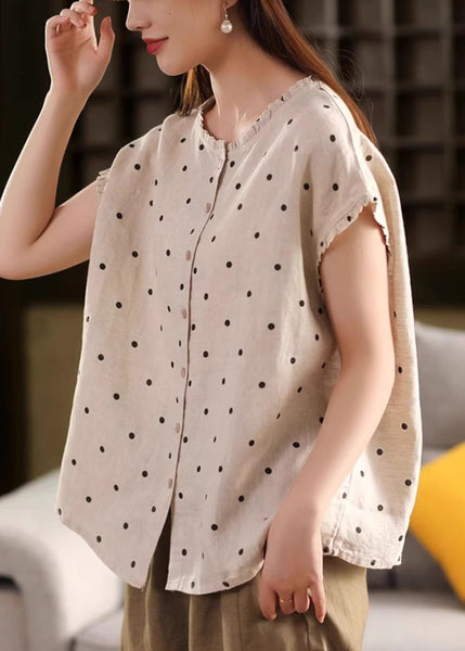 Print Shirt Linen Ruffled White Button Summer FashionChic