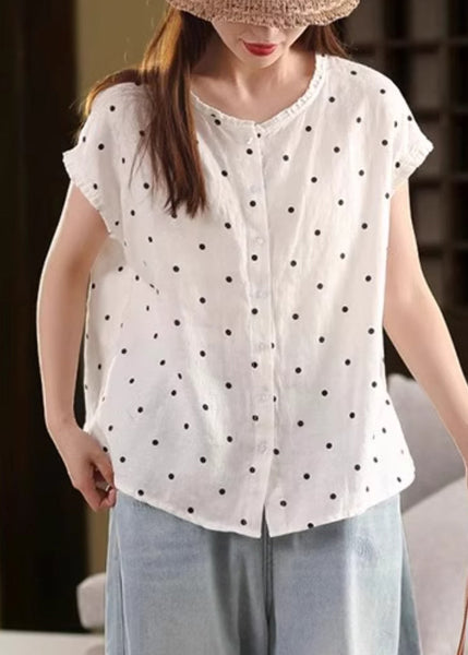 Print Shirt Linen Ruffled White Button Summer FashionChic