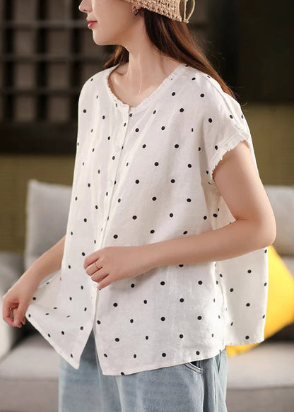 Print Shirt Linen Ruffled White Button Summer FashionChic