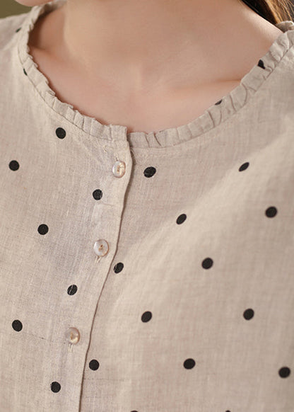 Print Shirt Linen Ruffled White Button Summer FashionChic