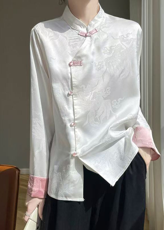 White Button Silk Shirts Stand Collar Long Sleeve AB1037 Genistyle Shop